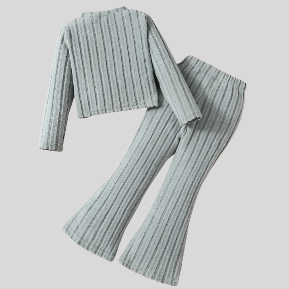 Long Sleeve Ribbed Pullover Top With Flare Pants Set For Girls