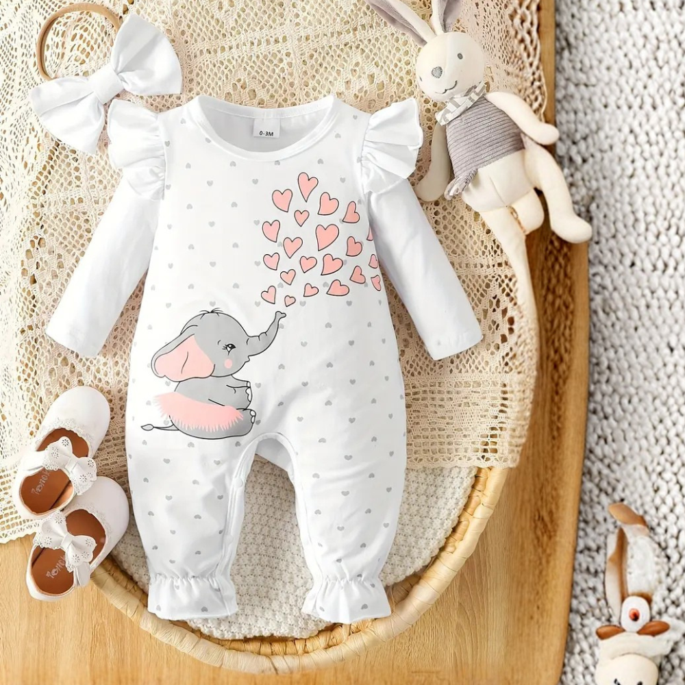 Two Piece Cartoon Print Bodysuit With Headband Set