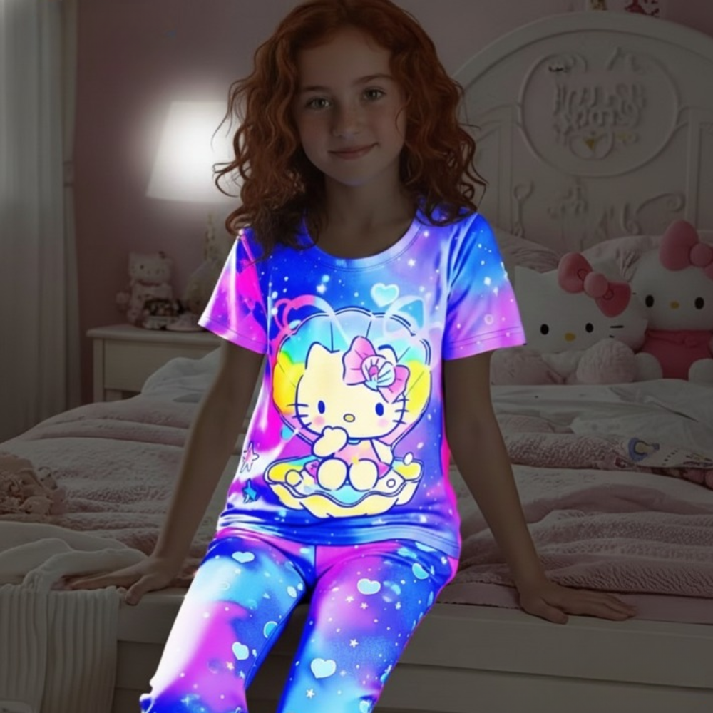 Retardant Night Light Cartoon Print Pajama Set For Girls
