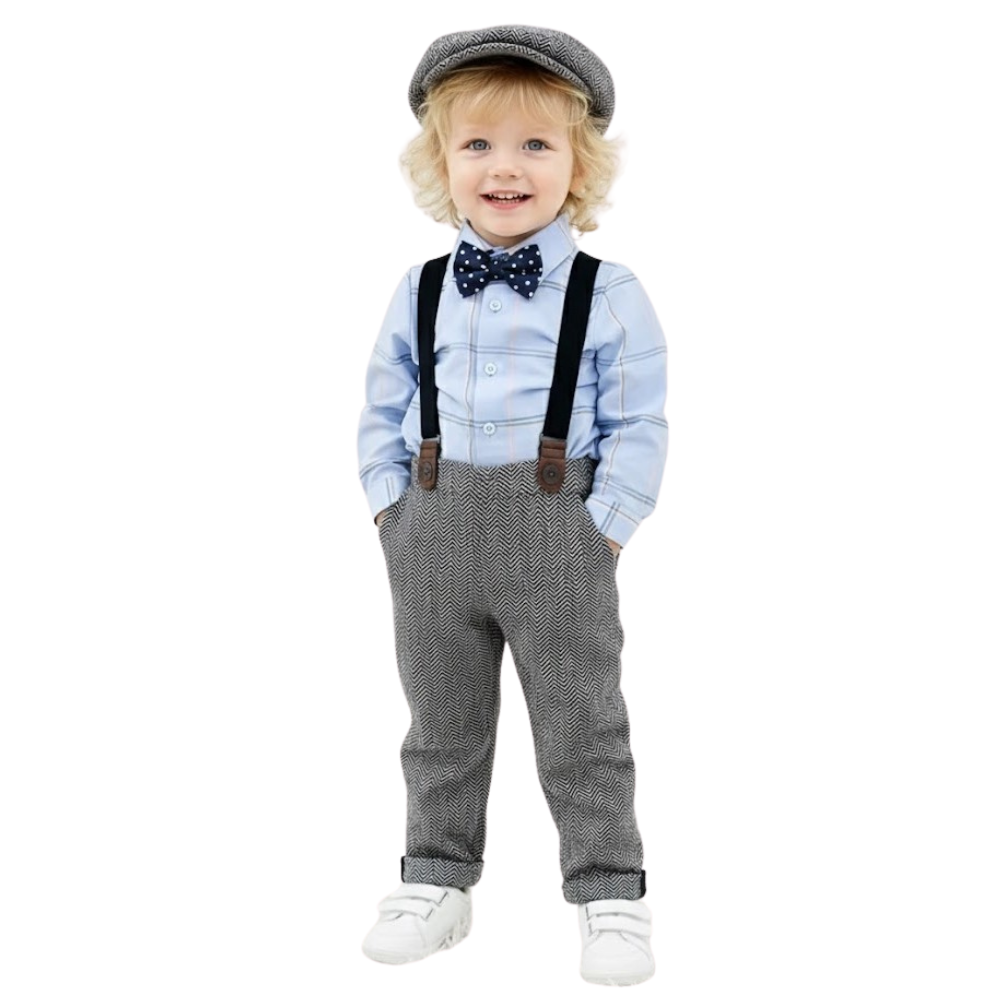 Formal Two Piece Set with Plaid Shirt And Suspender Pants With Hat And Bow Tie