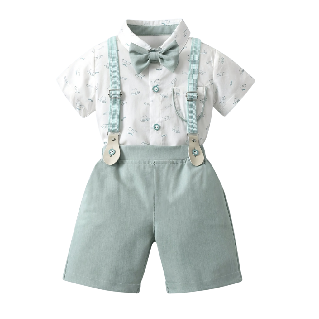 Two Piece Suit Set With Short Sleeve Shirt Bow Tie And Suspender Shorts For Boys