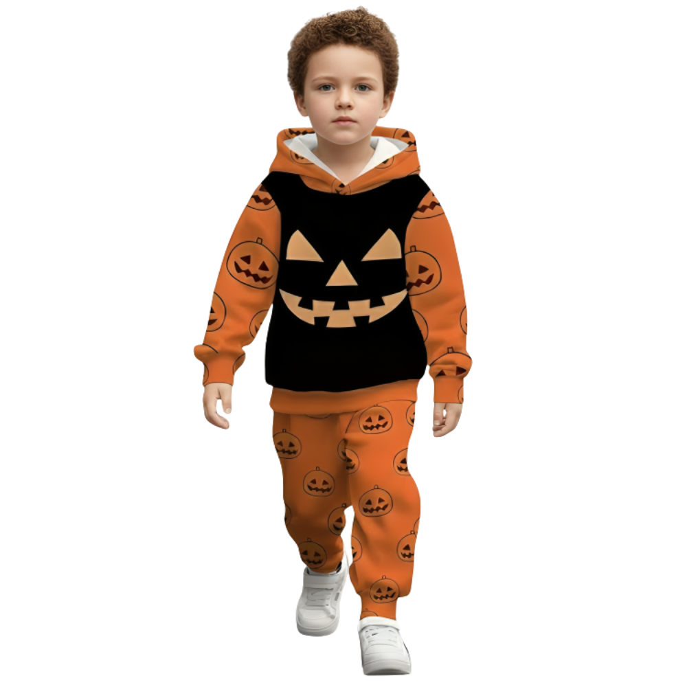 Pumpkin Print Hoodie And Pants Set For Boys