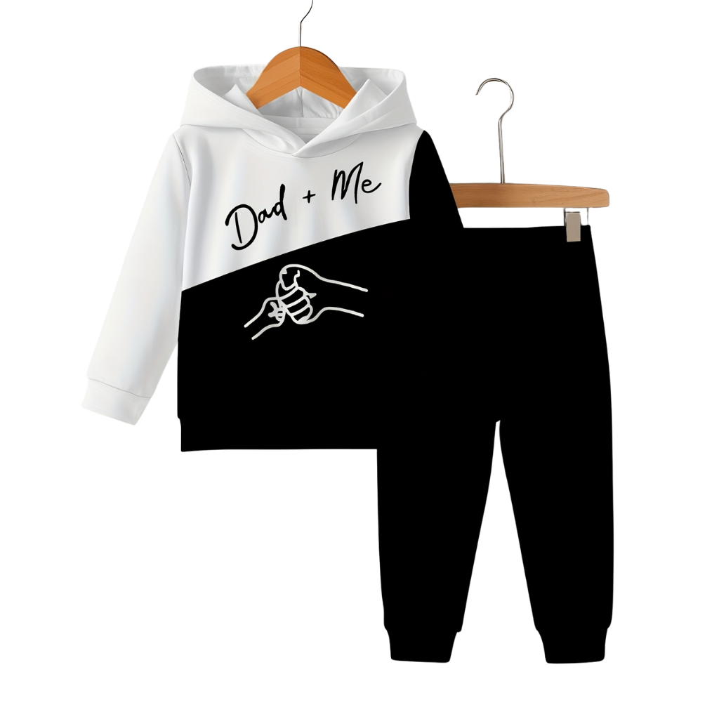 Dad Plus Me Printed Hooded Sweatshirt Set For Boys