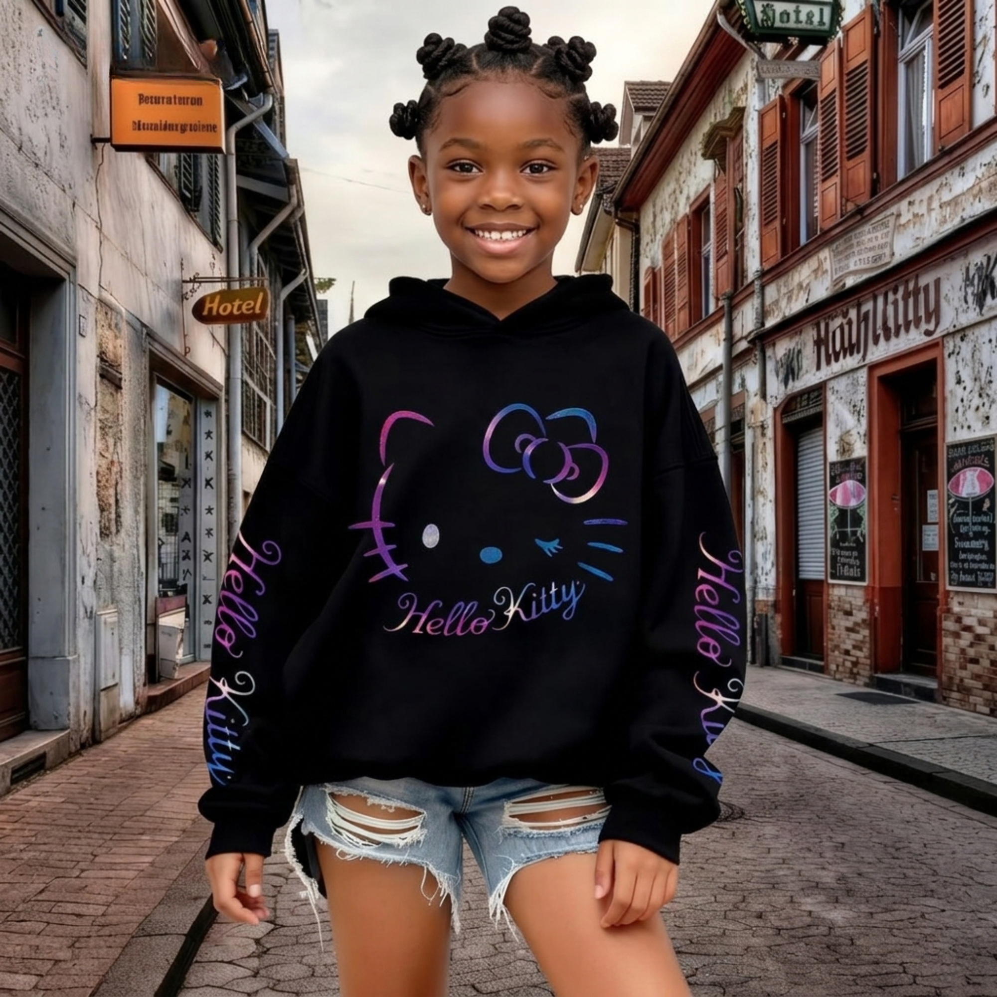 Girls Casual Preppy Hooded Sweatshirt with Hello Kitty Print Design