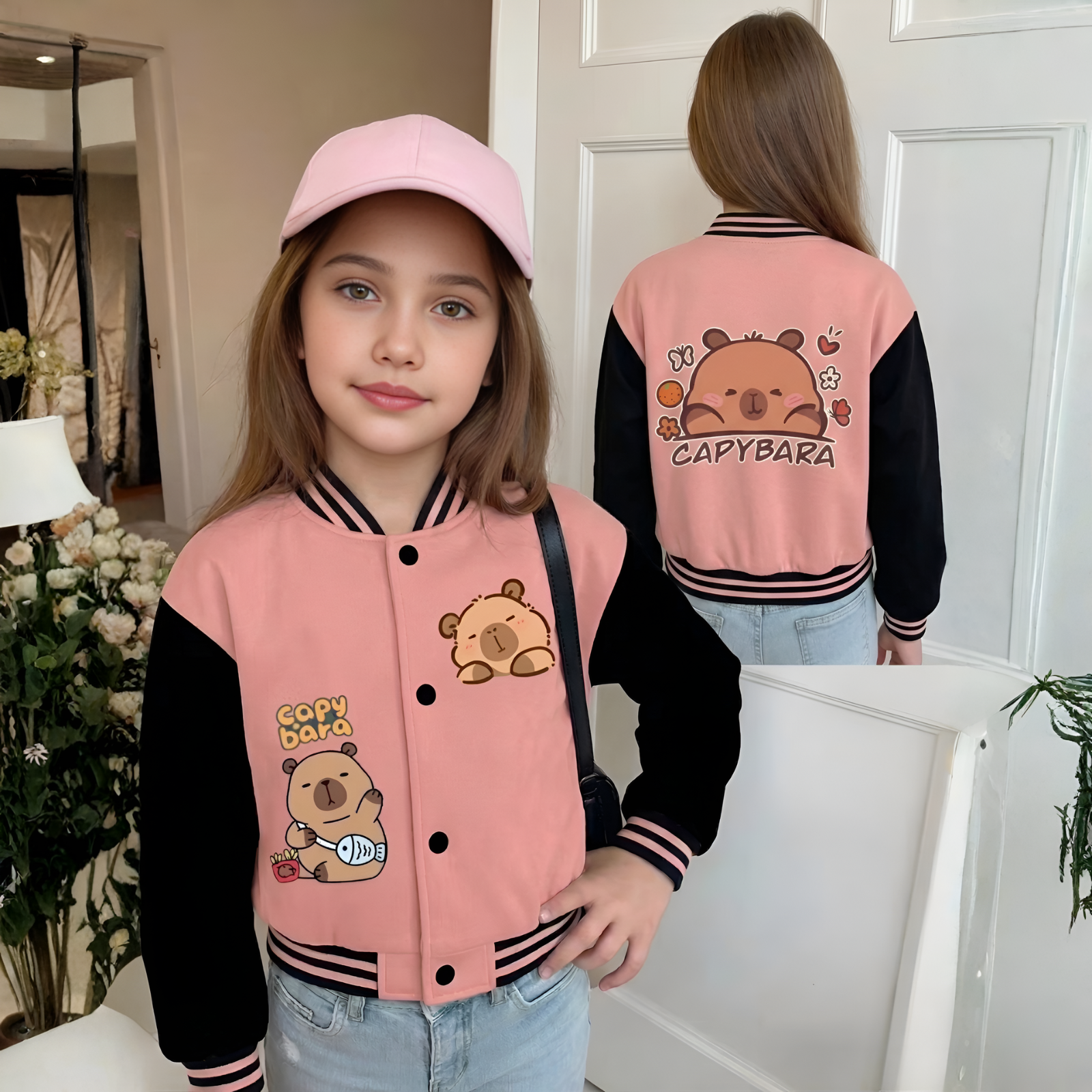 Capybara Graphic Print Baseball Jacket With Snap Closure For Girls