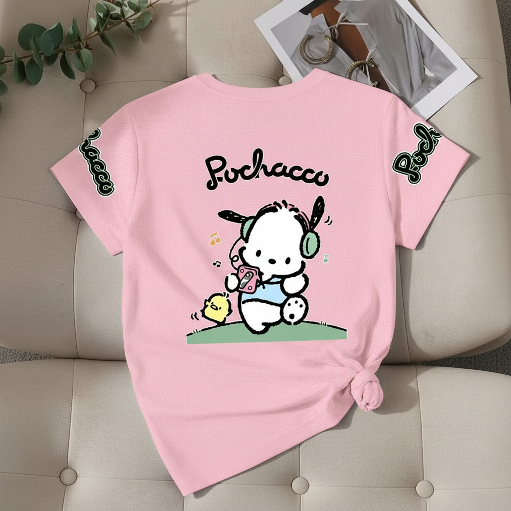 Mesh Short Sleeve T Shirt With Double Sided Pochacco Print For Girls