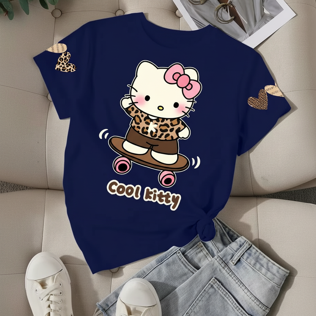 Short Sleeve T Shirt With Double Sided Leopard Print Hello Kitty For Girls