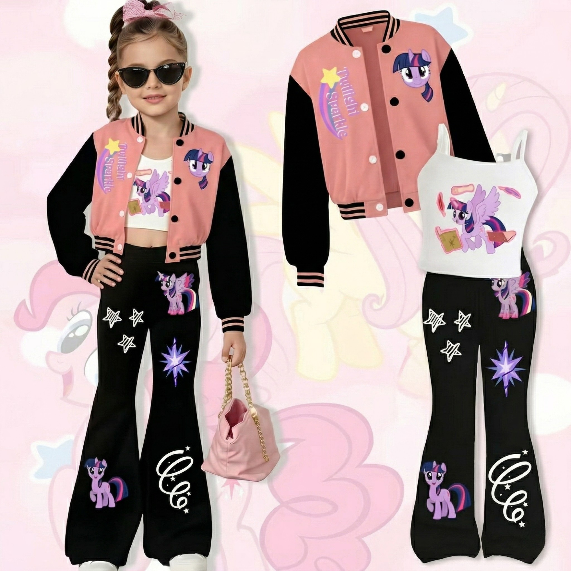 3 Piece Twilight Sparkle Character Printed Outfit Set For Girls 