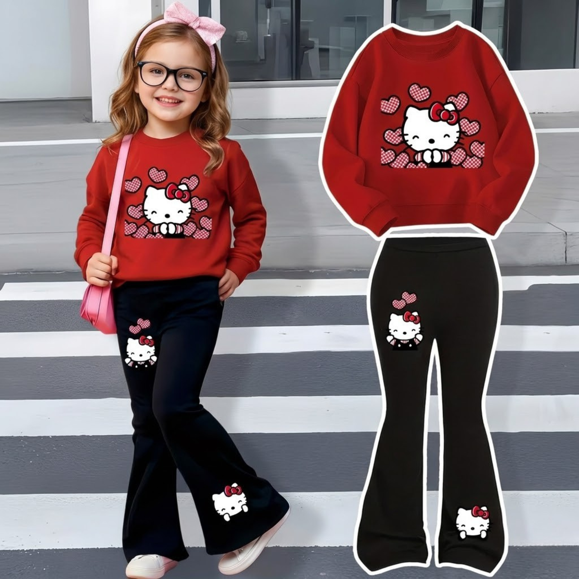 Hello Kitty Printed Sweatshirt And Flared Pants Set For Girls  