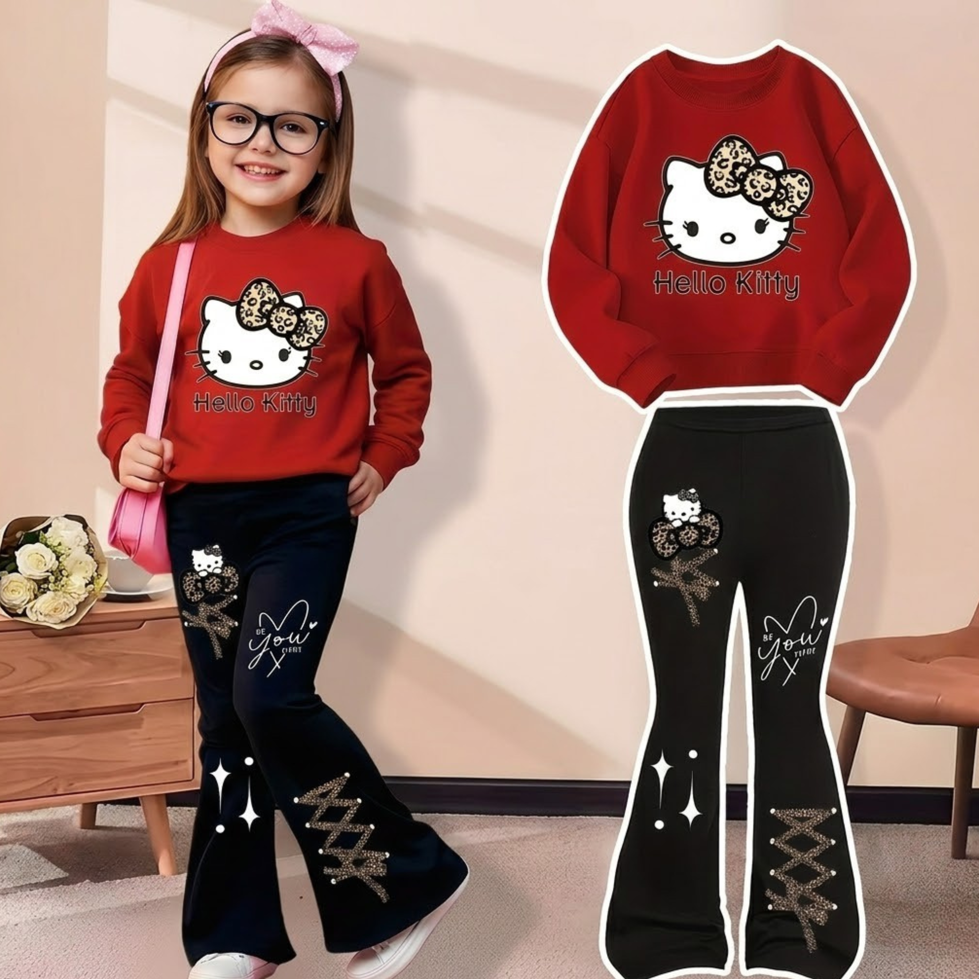 Hello Kitty Design Sweatshirt And Flared Pants Casual Set For Girls