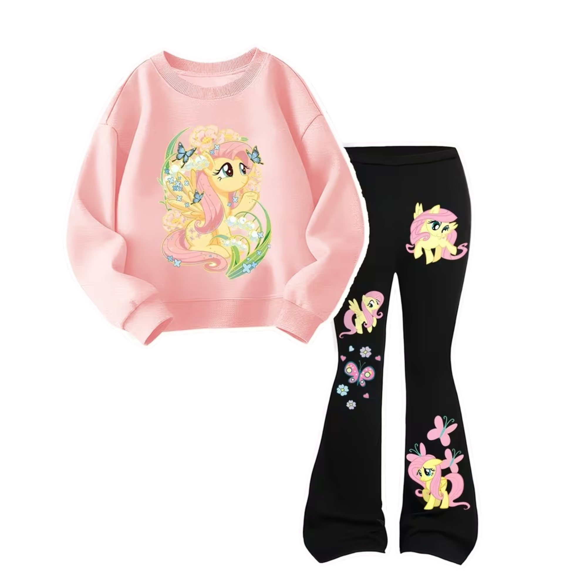 Fluttershy Design Printed Sweatshirt And Flared Pants Set For Girls