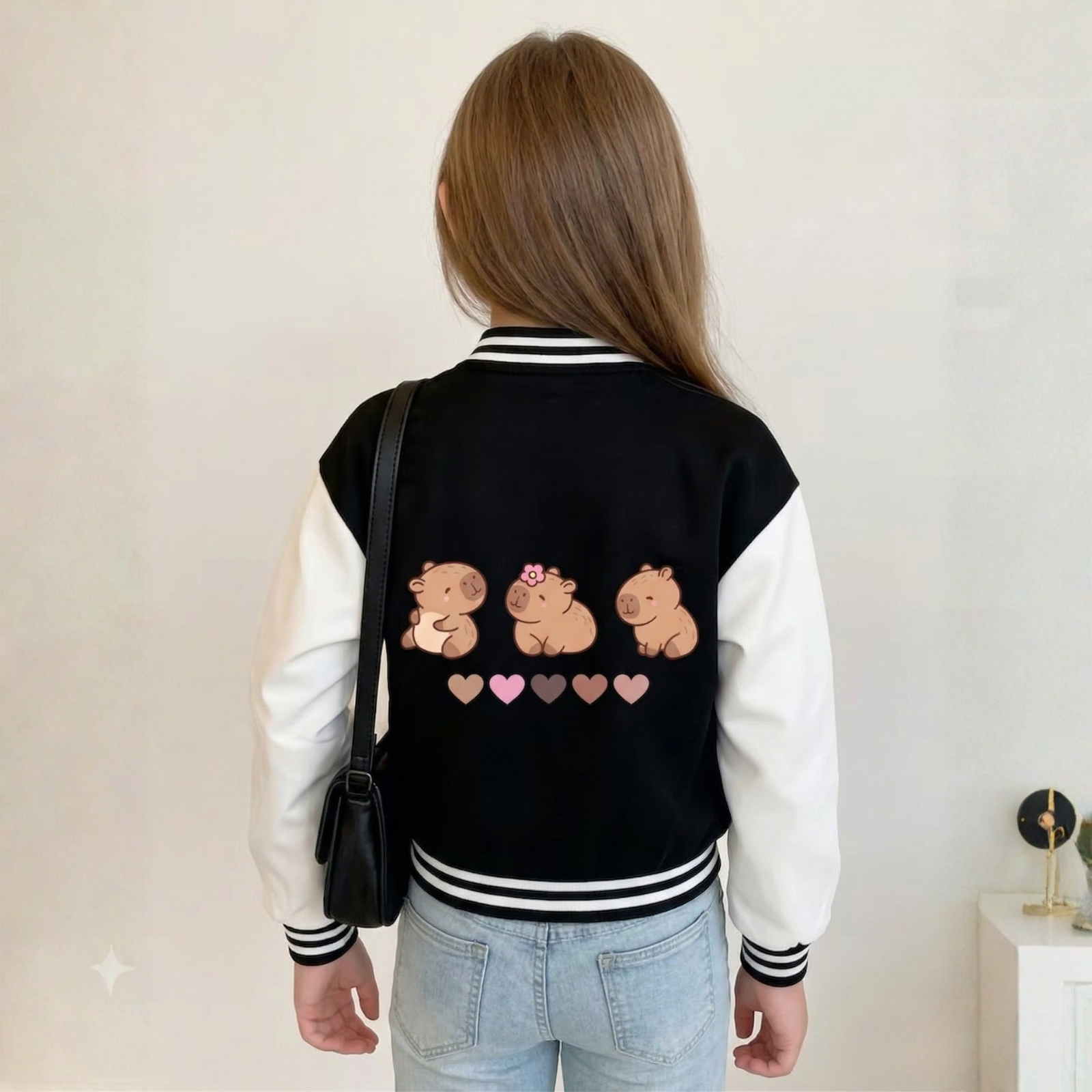 Capybara Character Printed Casual Jacket With Snap Closure For Girls