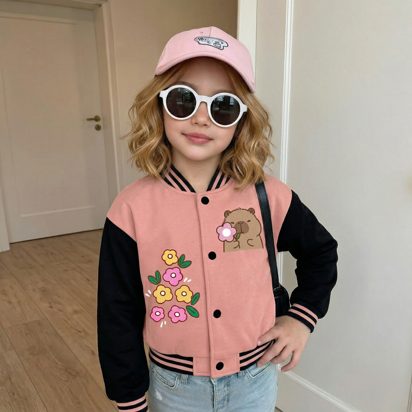 Capybara Family Graphic Casual Baseball Jacket For Girls