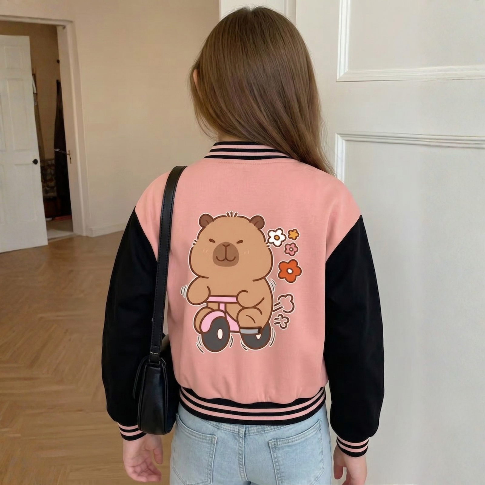 Capybara Cartoon Multi Print Baseball Jacket With Snap Closure For Girls