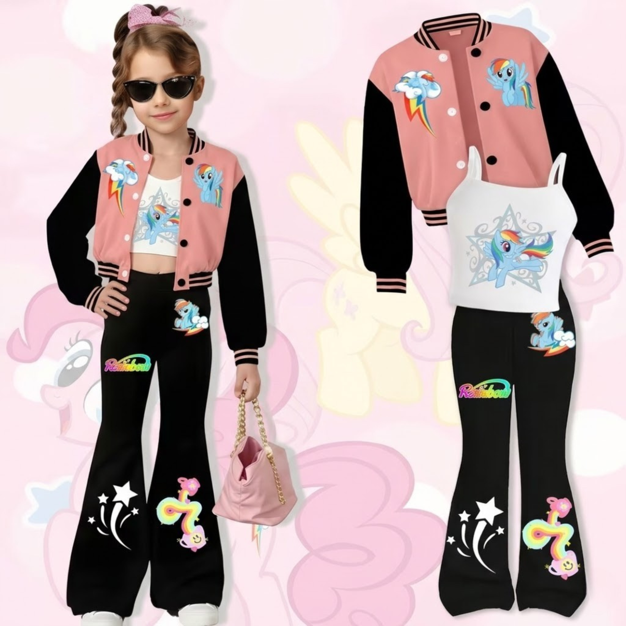 Little Pony Inspired 3 Piece With Top Jacket And Flared Pants Set