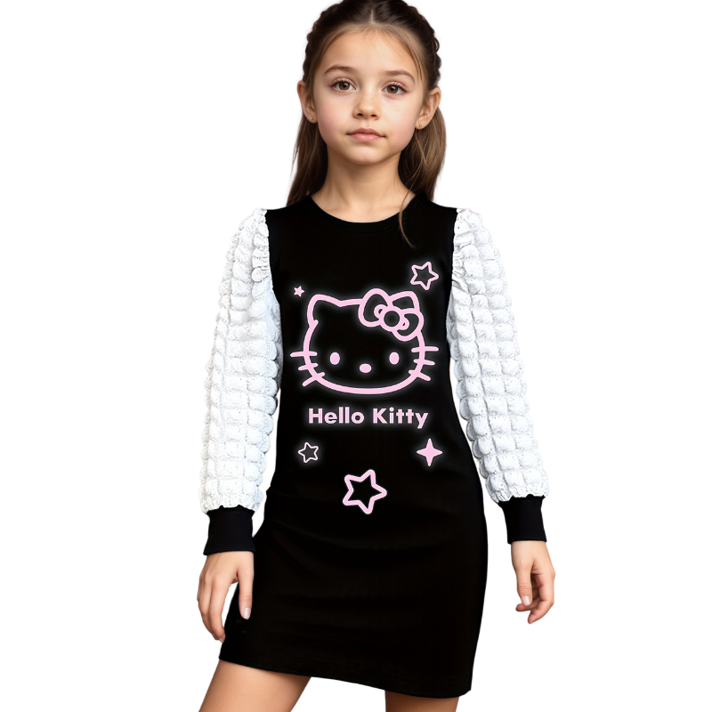 Hello Kitty Cartoon Dress With Long Puff Sleeves And Star Design For Girls
