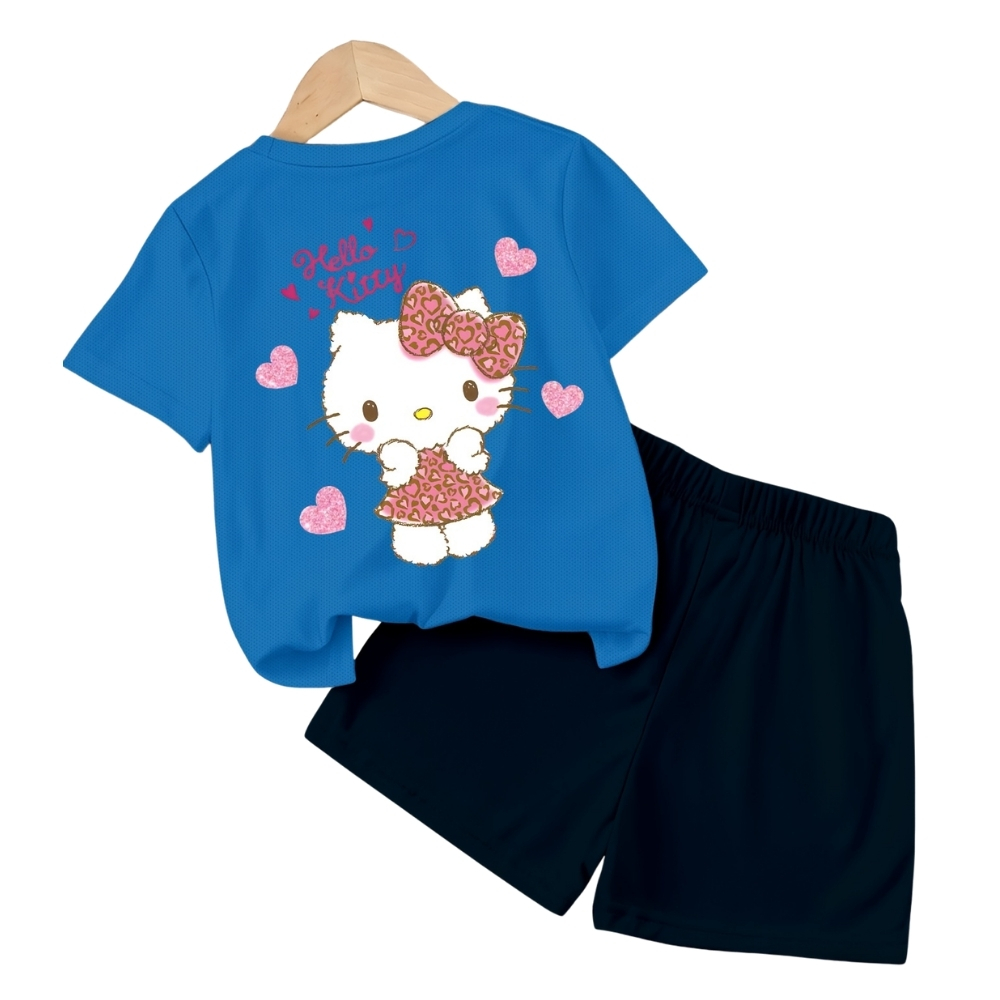 Hello Kitty Double Sided Print T Shirt And Shorts 2 Piece Outfit Set For Girls