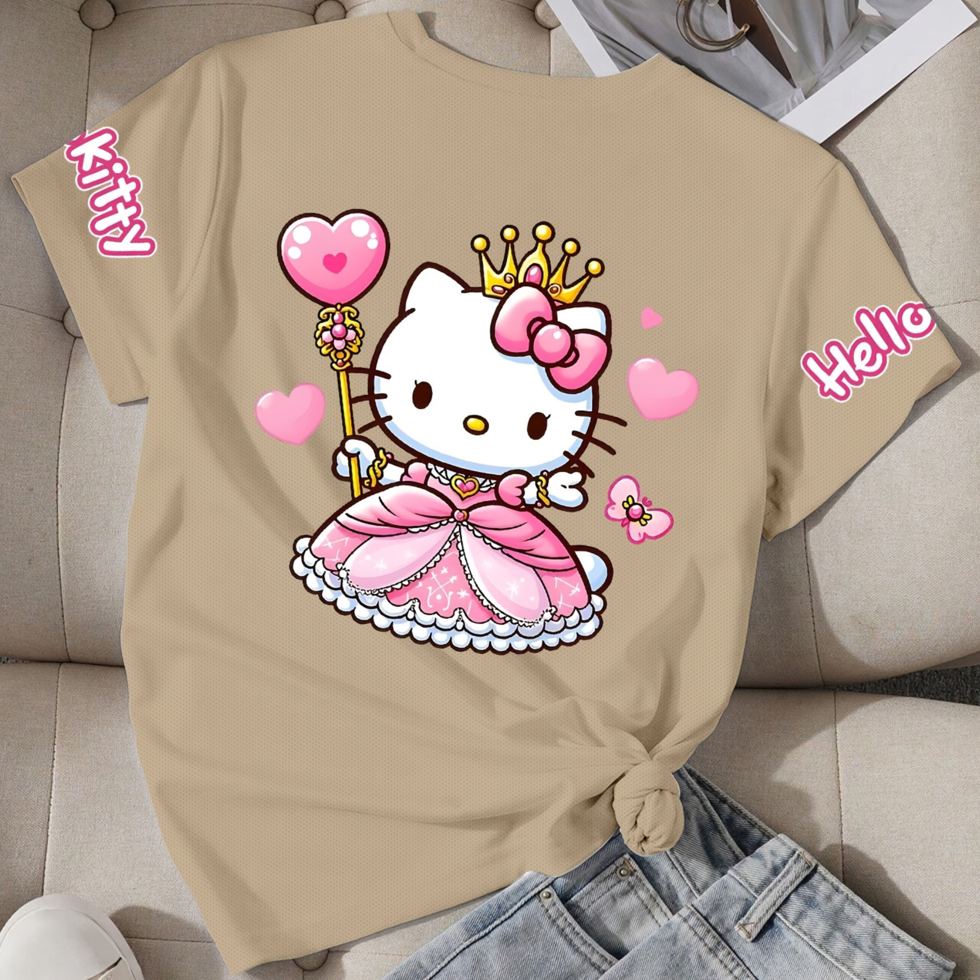 Casual Short Sleeved T Shirt With Hello Kitty Printed For Girls 
