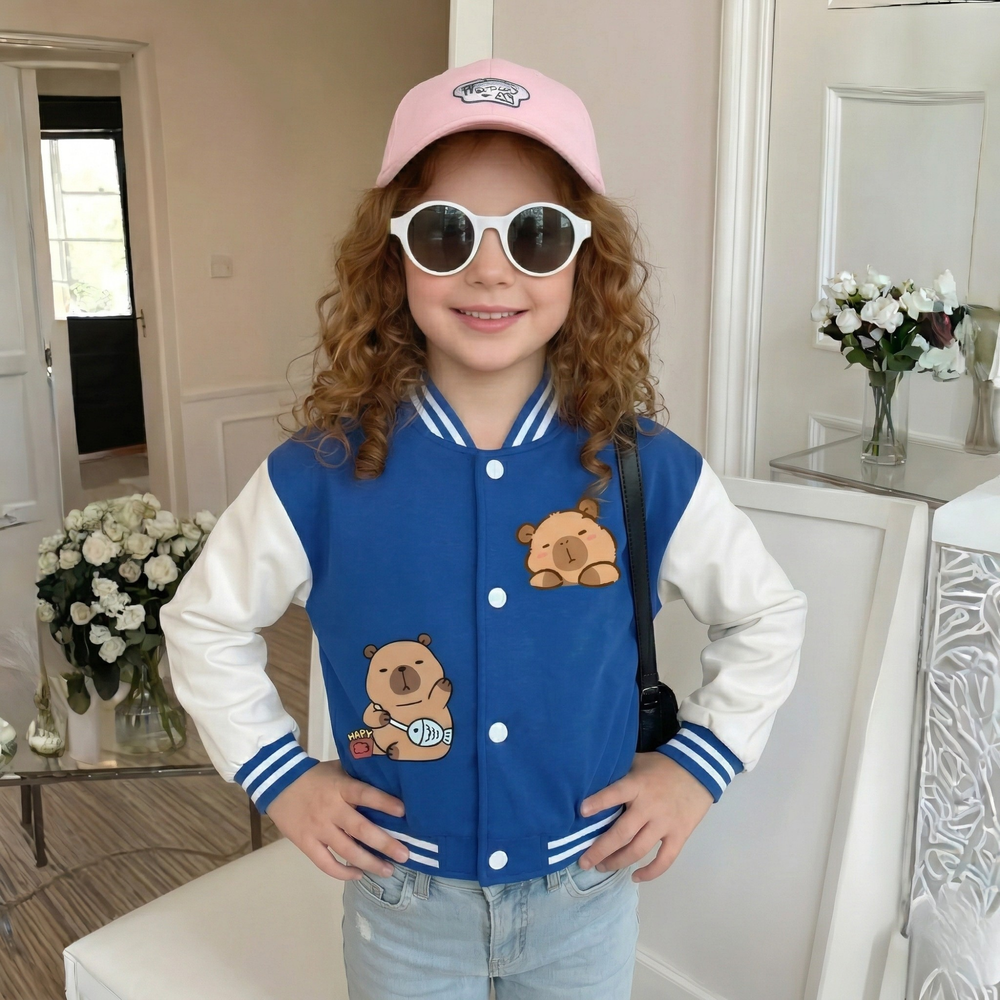 Capybara Graphic Print Baseball Jacket With Snap Closure For Girls