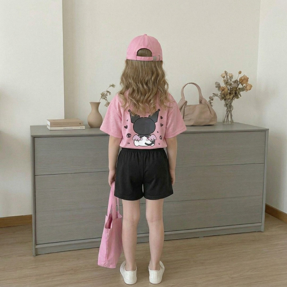 Kuromi Graphic Double Side Printed T Shirt And Shorts Outfit Set For Girls