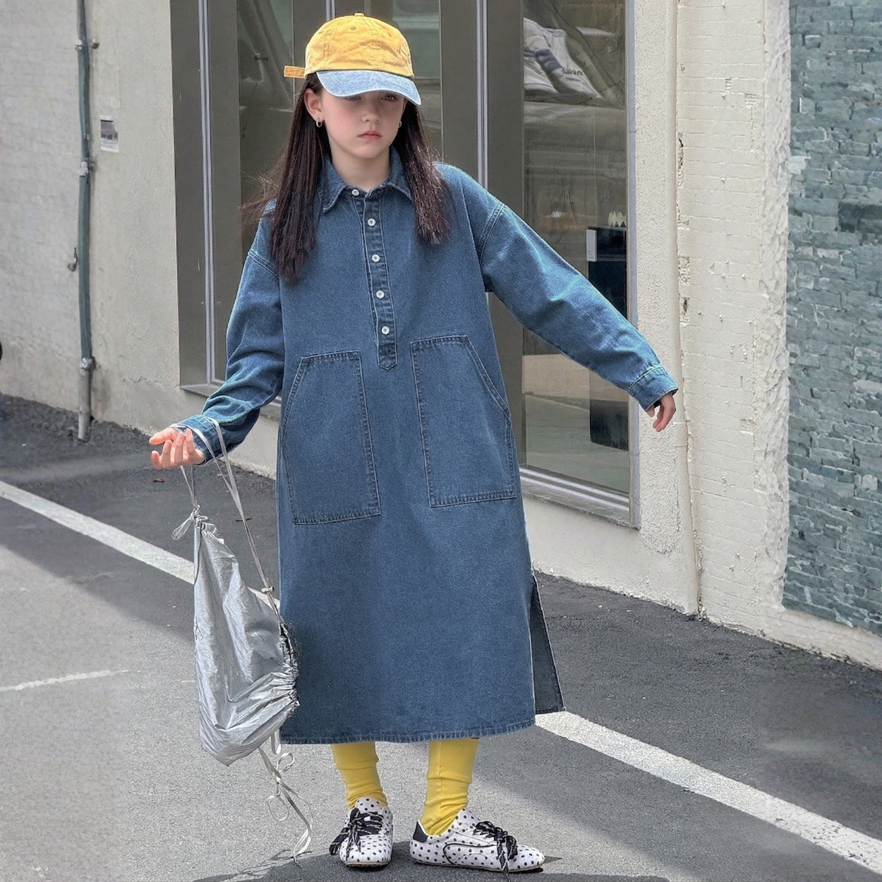 Oversized Denim Shirt Dress With Pocket And Button Front For Girls