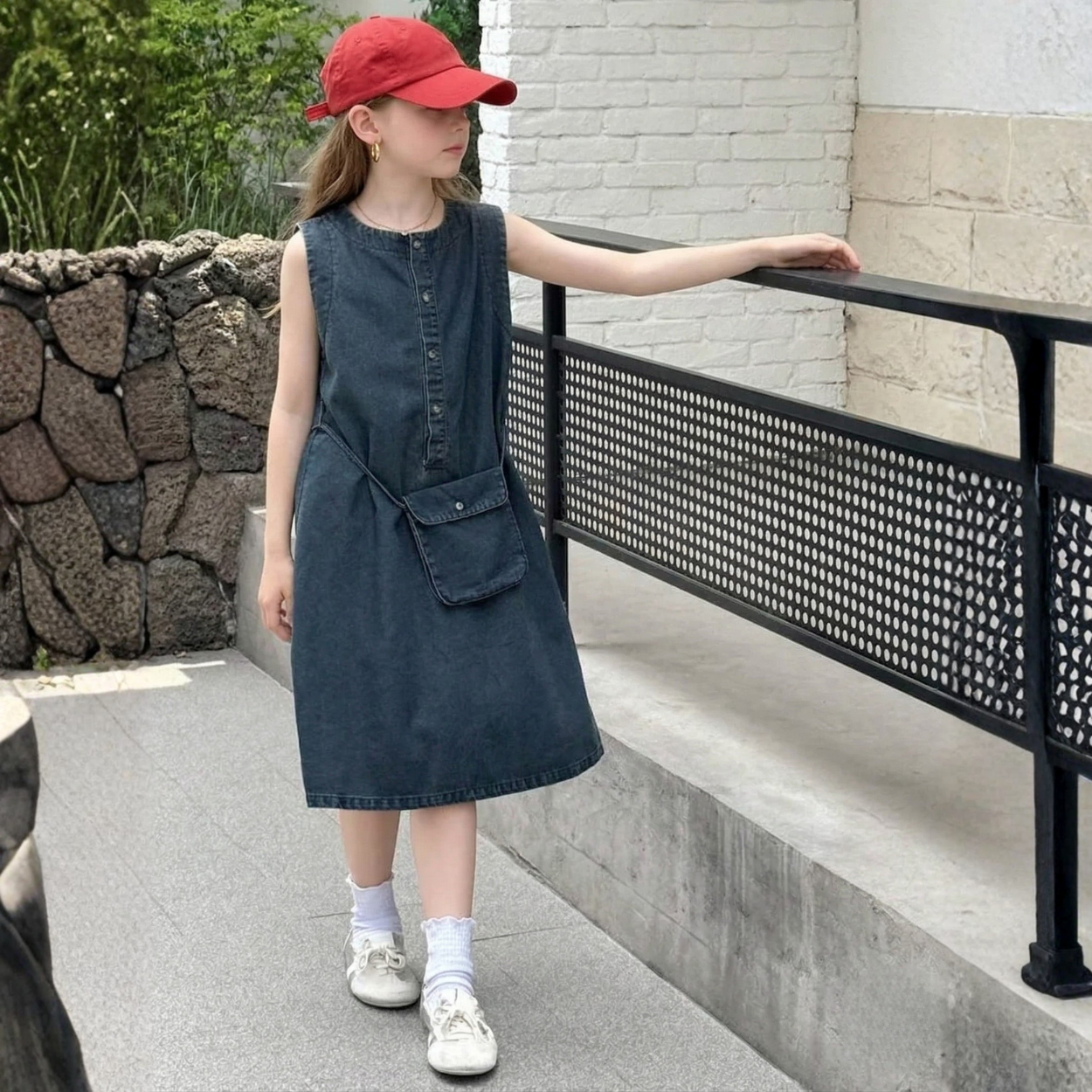 Tween Girl Crew Round Collar Sleeveless Denim Midi Dress