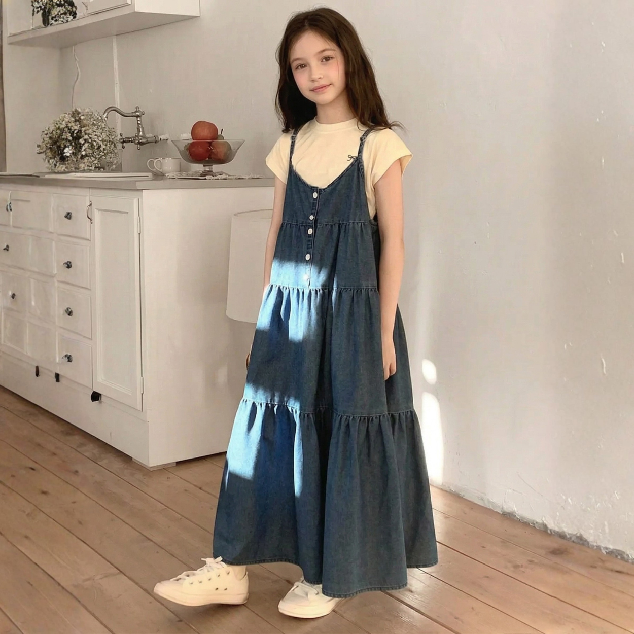 Girls Tiered Denim Pinafore Midi Dress