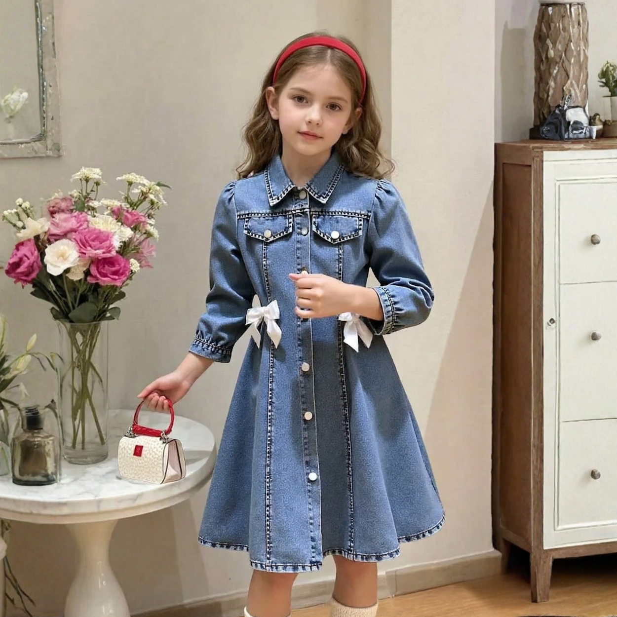 Tween Girls A Line Denim Shirt Dress With Puff Sleeves And Bow Details