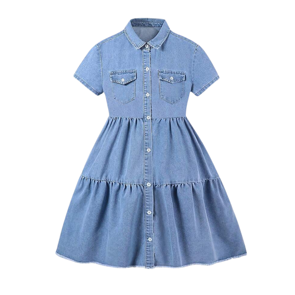 Casual Denim Dress With Short Sleeve And Button Detail For Girls