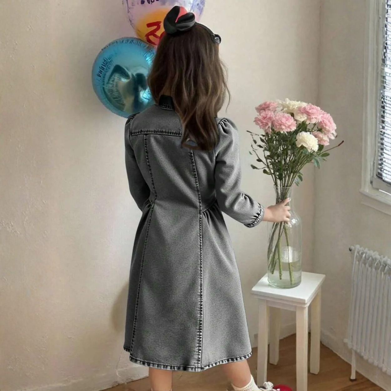 Tween Girls A Line Denim Shirt Dress With Puff Sleeves And Bow Details