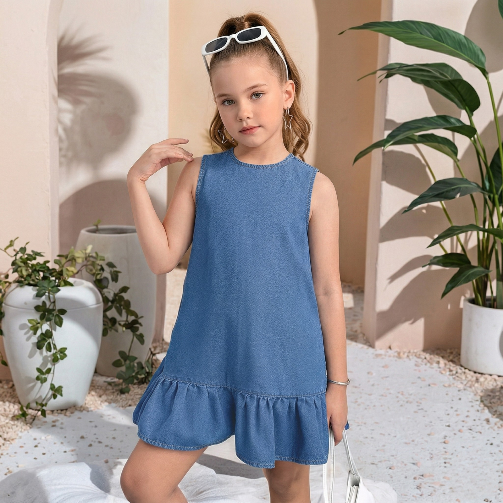 Sleeveless Denim Dress With Button Detail And Ruffle Hem Style For Girls