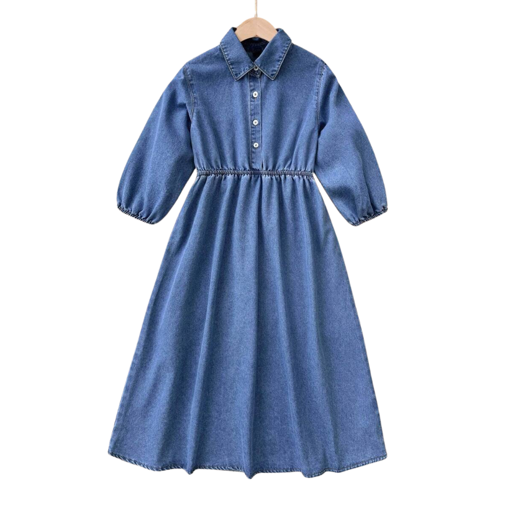 Denim A Line Shirt Dress With Puff Sleeves And Flared Hem For Girls