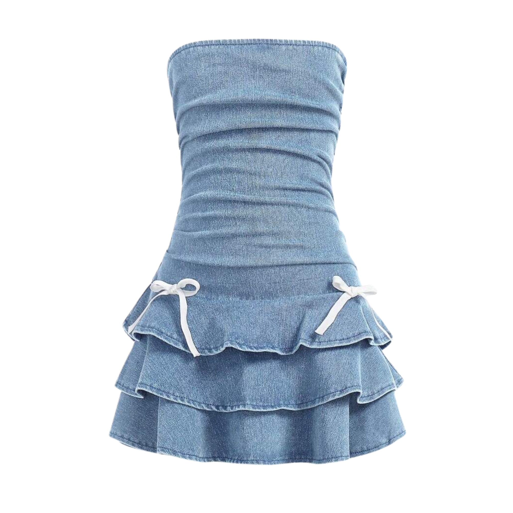 Layered Denim Dress With Ruffle Bow Detail And A Line Style Outfit For Girls