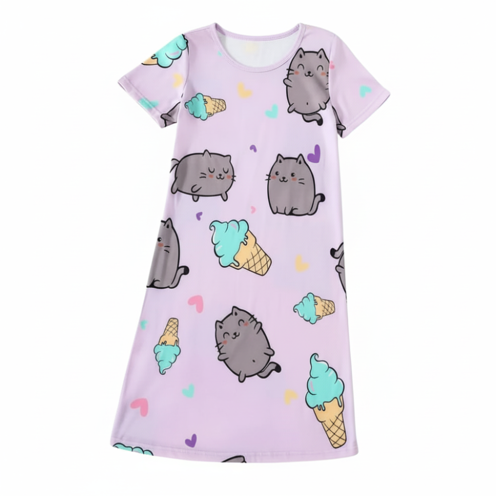 Short Sleeve Cartoon Printed Loose Sleepwear Dress For Girls