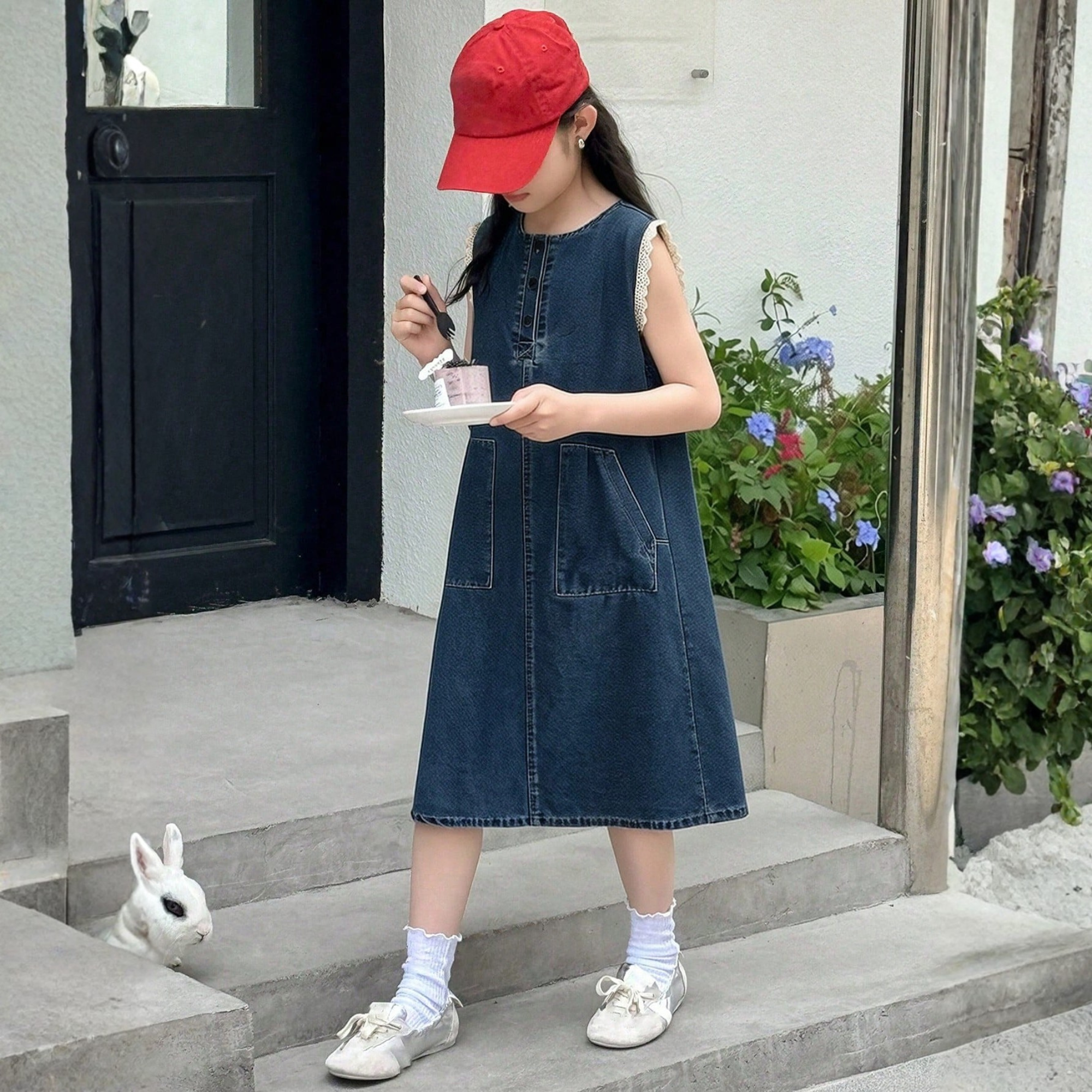 Tween Lace Patchwork Sleeveless Denim Midi Dress