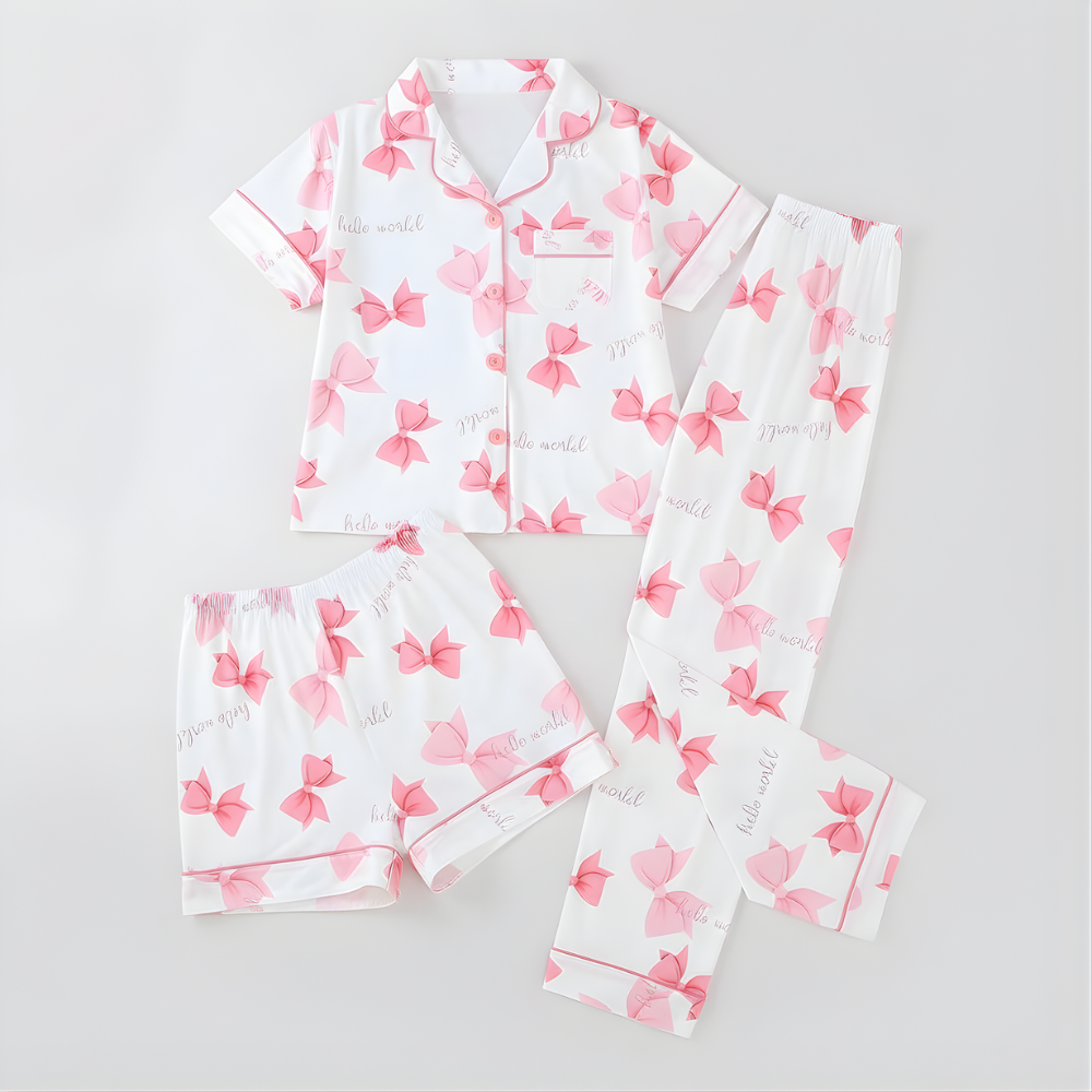 Bow Printed Pajama Set With Button Front Shirt And Long Pants And Shorts For Girls