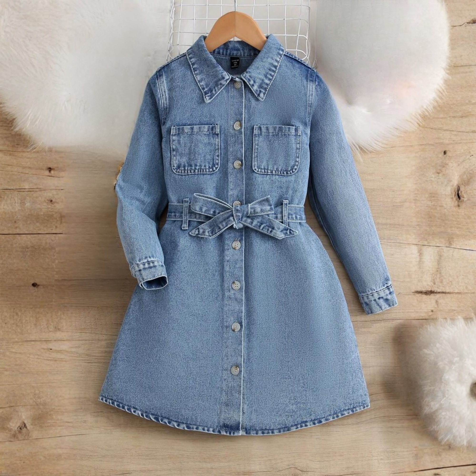 Denim Shirt Dress With Belt And Button Front For Girls