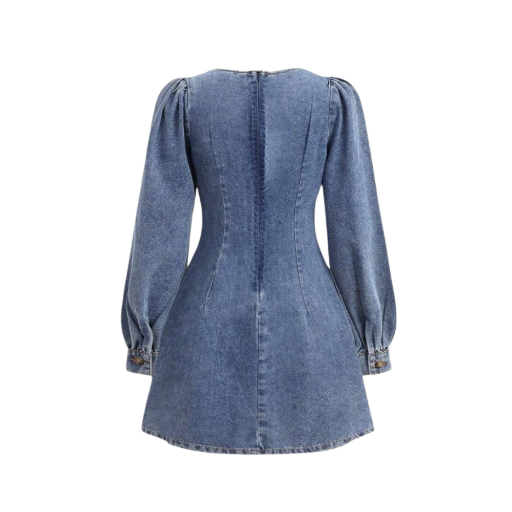Vintage Style Denim Dress With Puff Sleeve And A Line Short Outfit For Girls