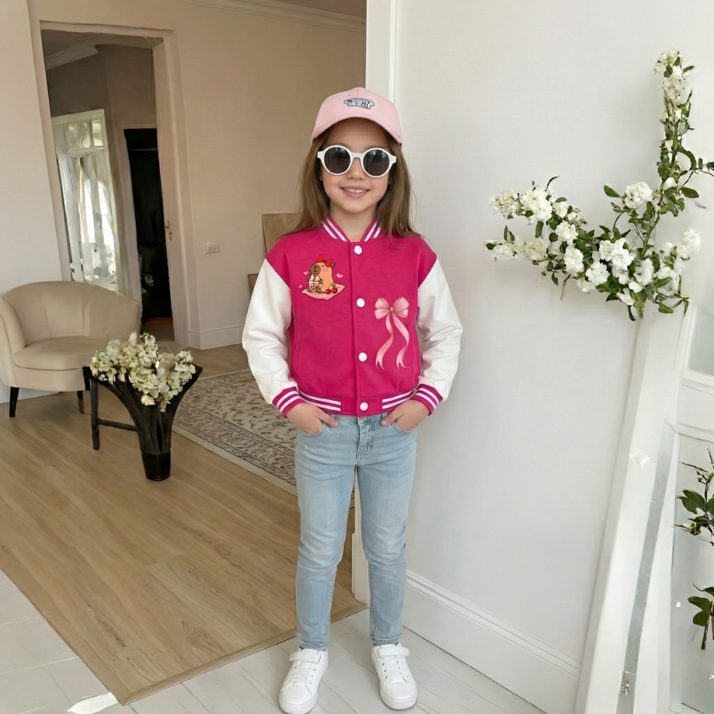Kawaii Bear Drink Cartoon Printed Baseball Jacket For Girls