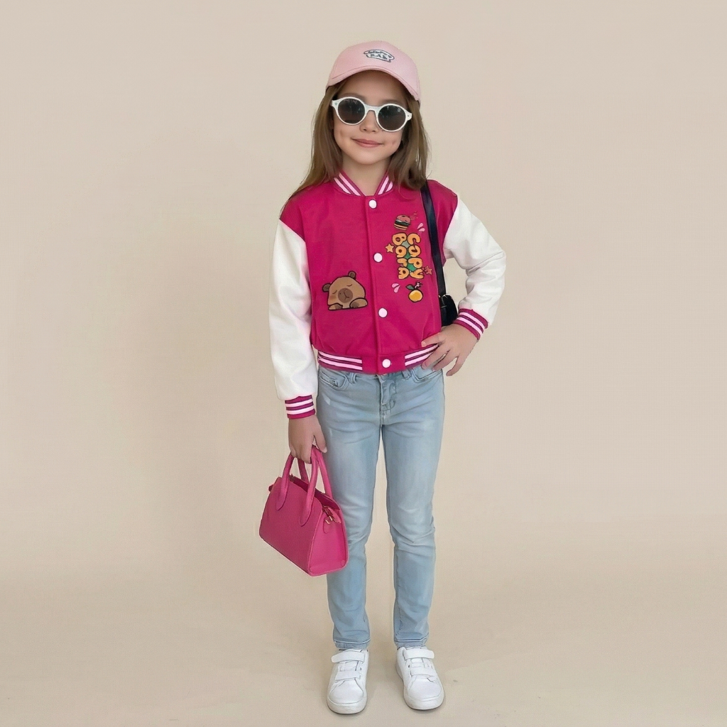 Bear Cartoon Printed Baseball Jacket With Snap Closure For Girls