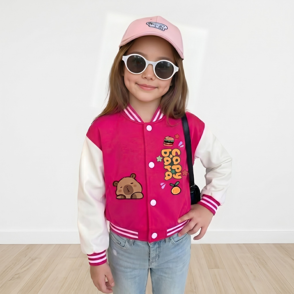 Bear Cartoon Printed Baseball Jacket With Snap Closure For Girls