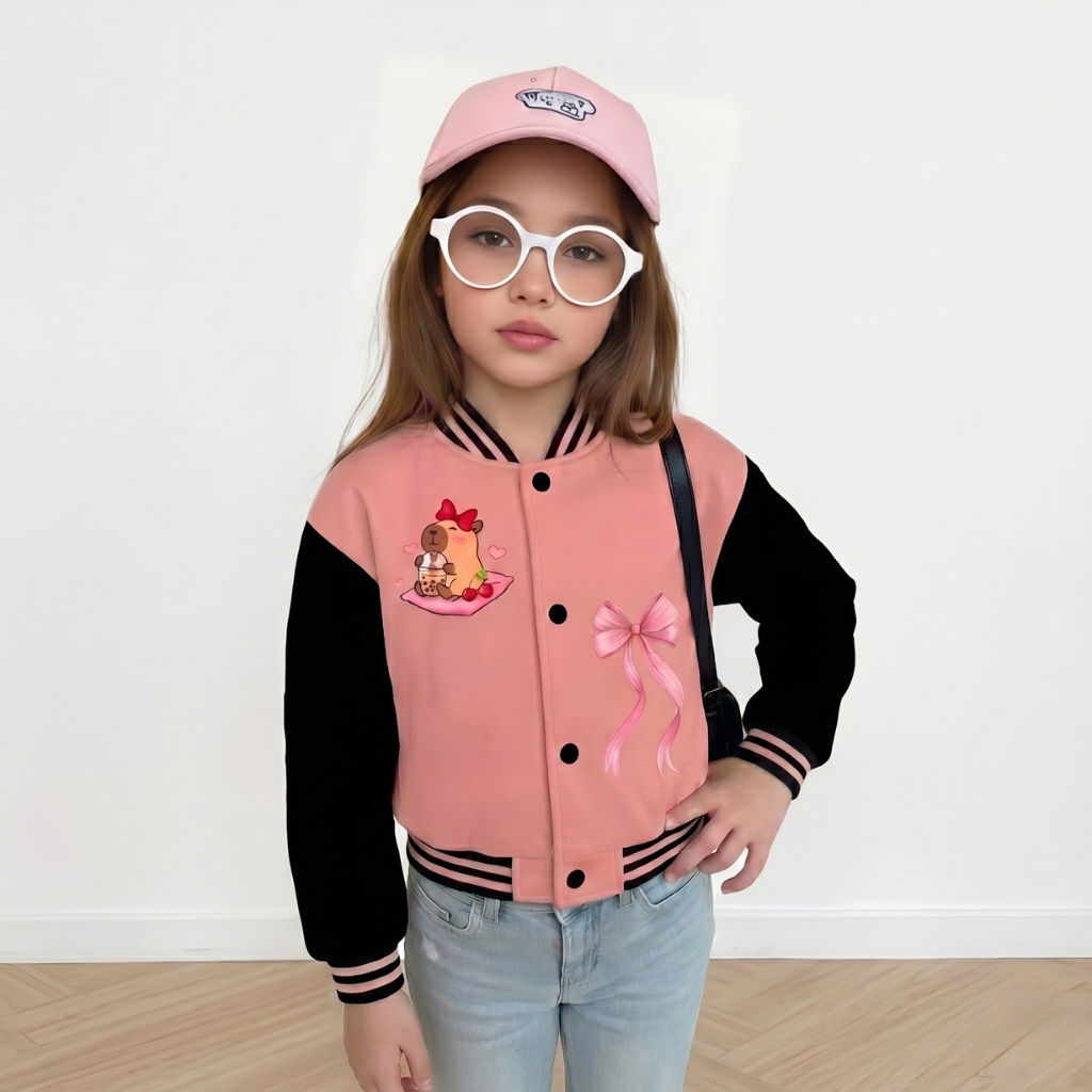 Kawaii Bear Drink Cartoon Printed Baseball Jacket For Girls