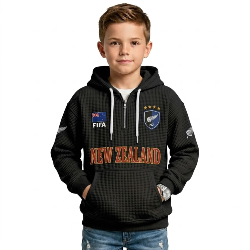 FIFA 2026 Zealand Printed Waffle Quarter Zip Football Fan Hoodie For Kids