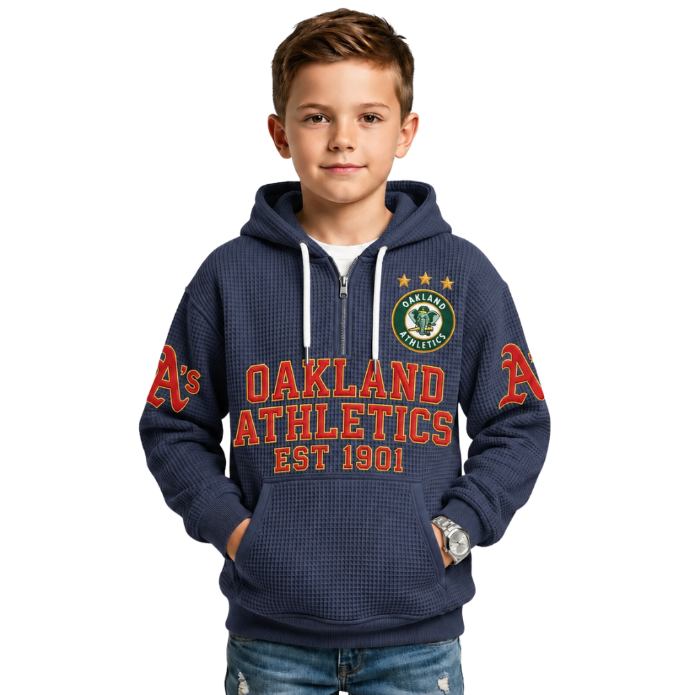 Oakland Athletics EST 1901 Printed Waffle Quarter Zip Baseball Fan Hoodie For Kids