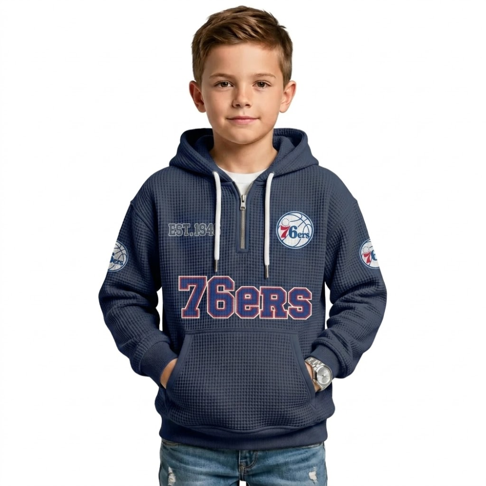 Philadelphia 76ers EST 1946 Printed Waffle Quarter Zip Basketball Fan Hoodie For Kids