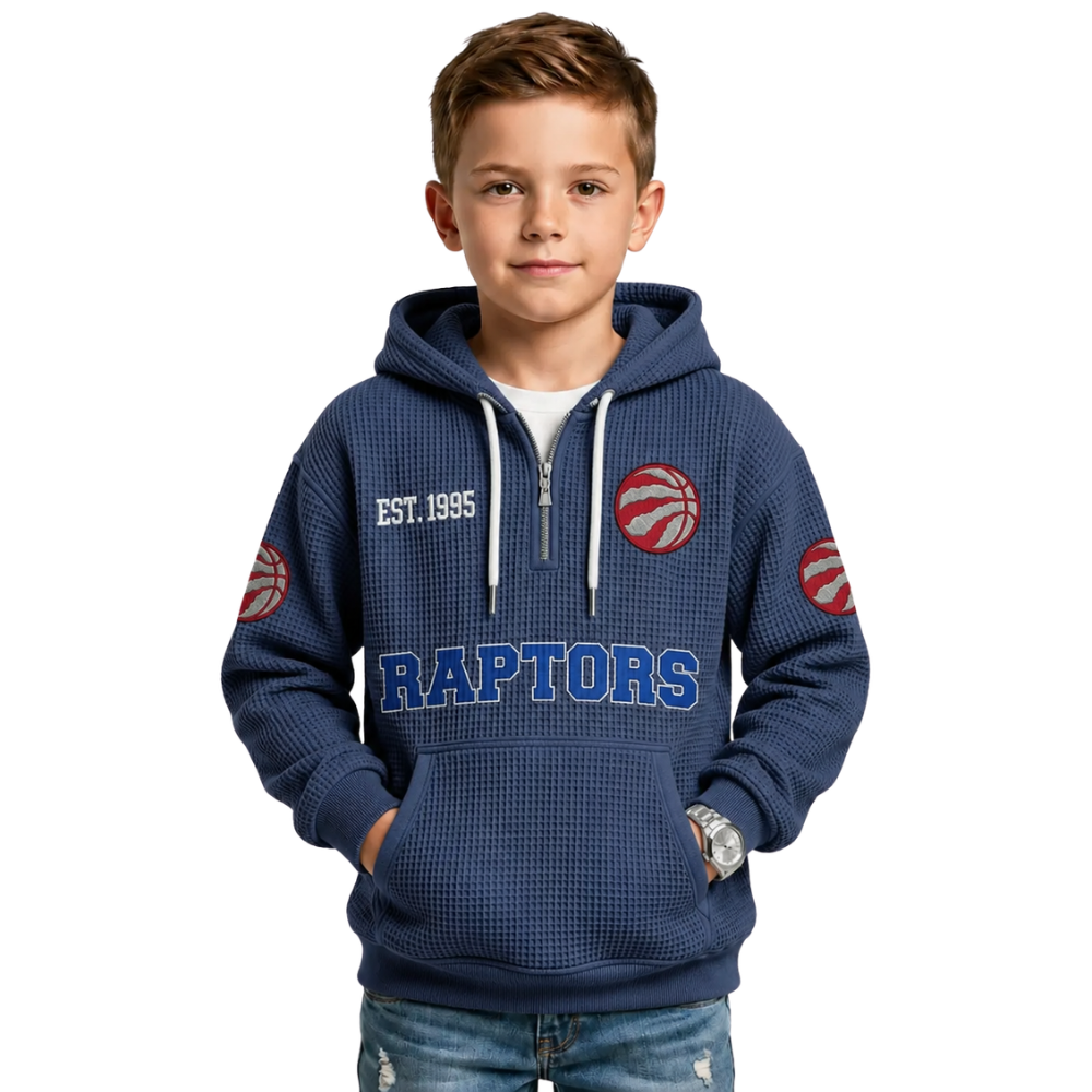 Toronto Raptors EST 1995 Printed Waffle Quarter Zip Basketball Fan Hoodie For Kids