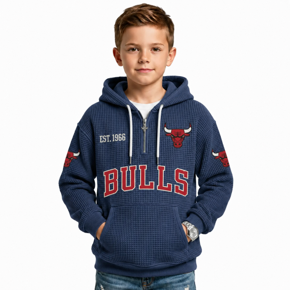 Chicago Bulls EST 1966 Printed Waffle Quarter Zip Basketball Fan Hoodie For Kids