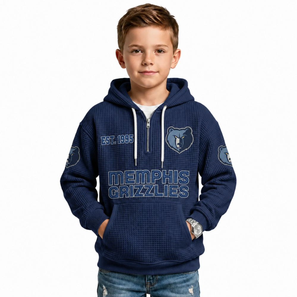 Memphis Grizzlies EST 1995 Printed Waffle Quarter Zip Basketball Fan Hoodie For Kids