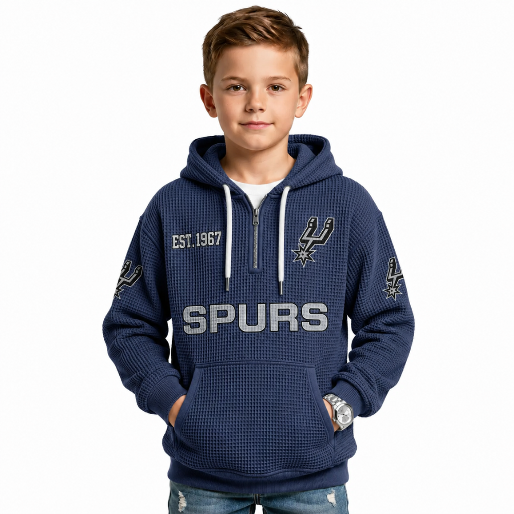 San Antonio Spurs EST 1967 Printed Waffle Quarter Zip Basketball Fan Hoodie For Kids
