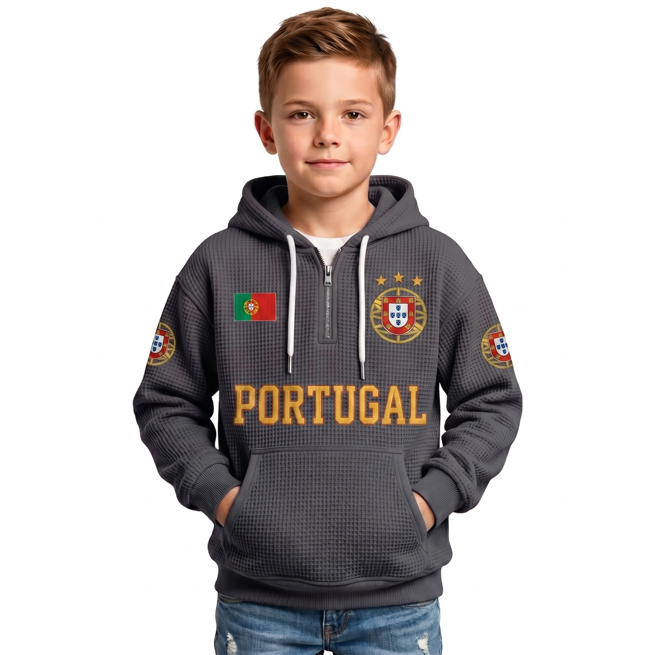 Portugal Printed Waffle Quarter Zip Football Fan Hoodie For Kids